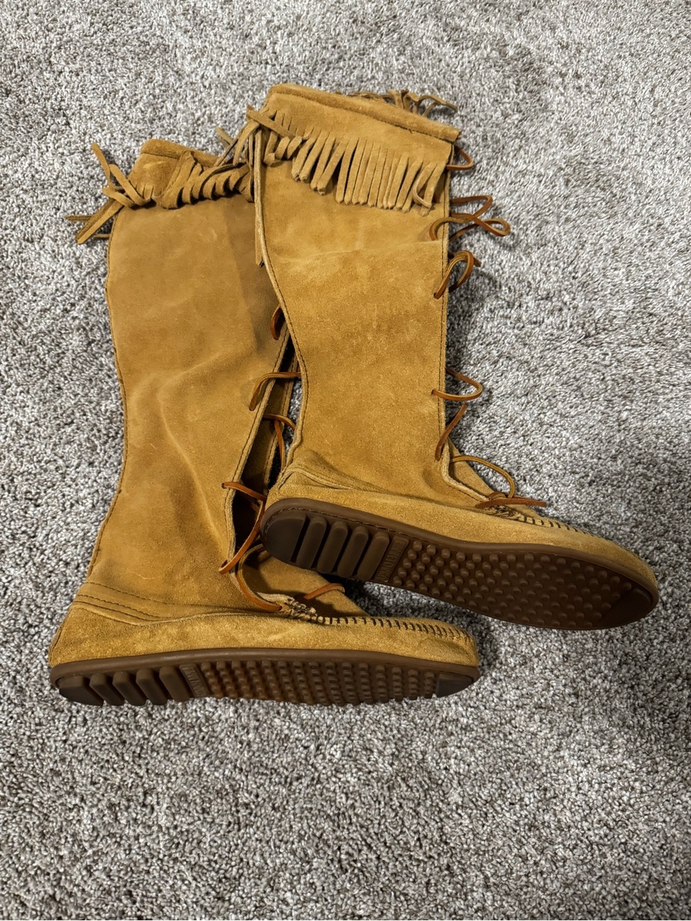 Minnetonka Tall Fringe Suede Moccasin Boots - Tan
